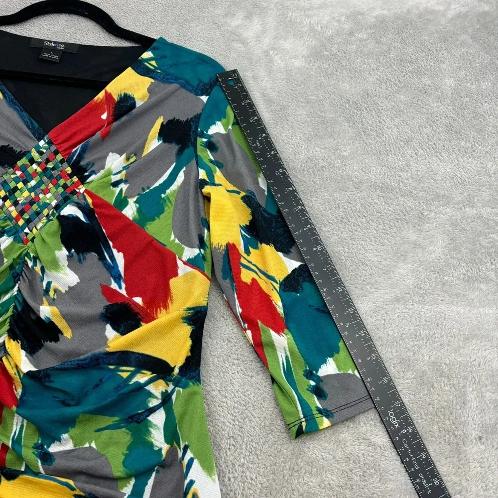 VTG Style & Co Mesh Top Womens Petite L Multicolor Nylon Stretch Artsy Y2K Wacky